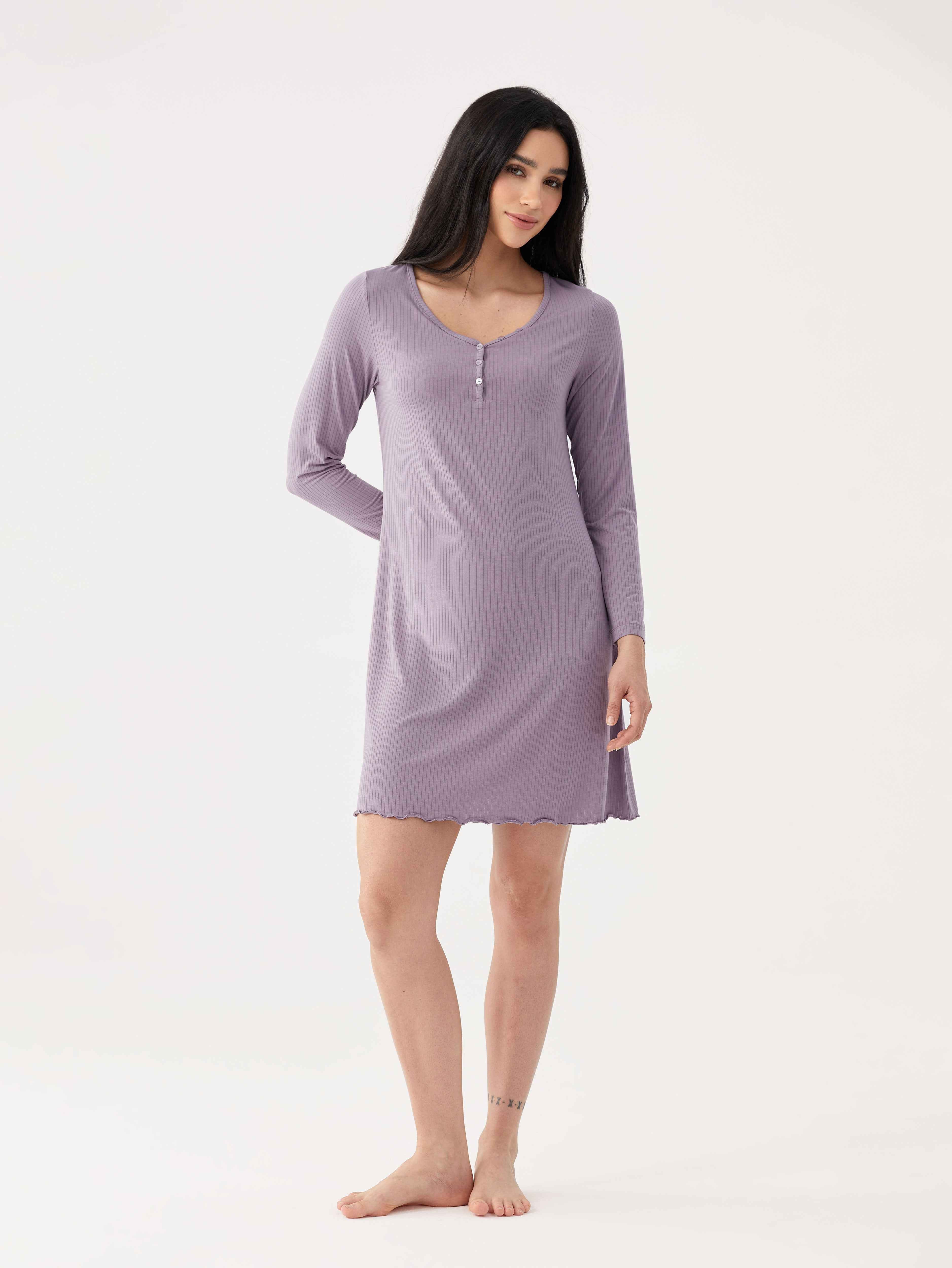 Women's Bamboo V-Neck Nightgown - Super Soft Long Sleeve Sleepshirt, Breathable & Sweat-Absorbing, Perfect For Year-Round Comfort