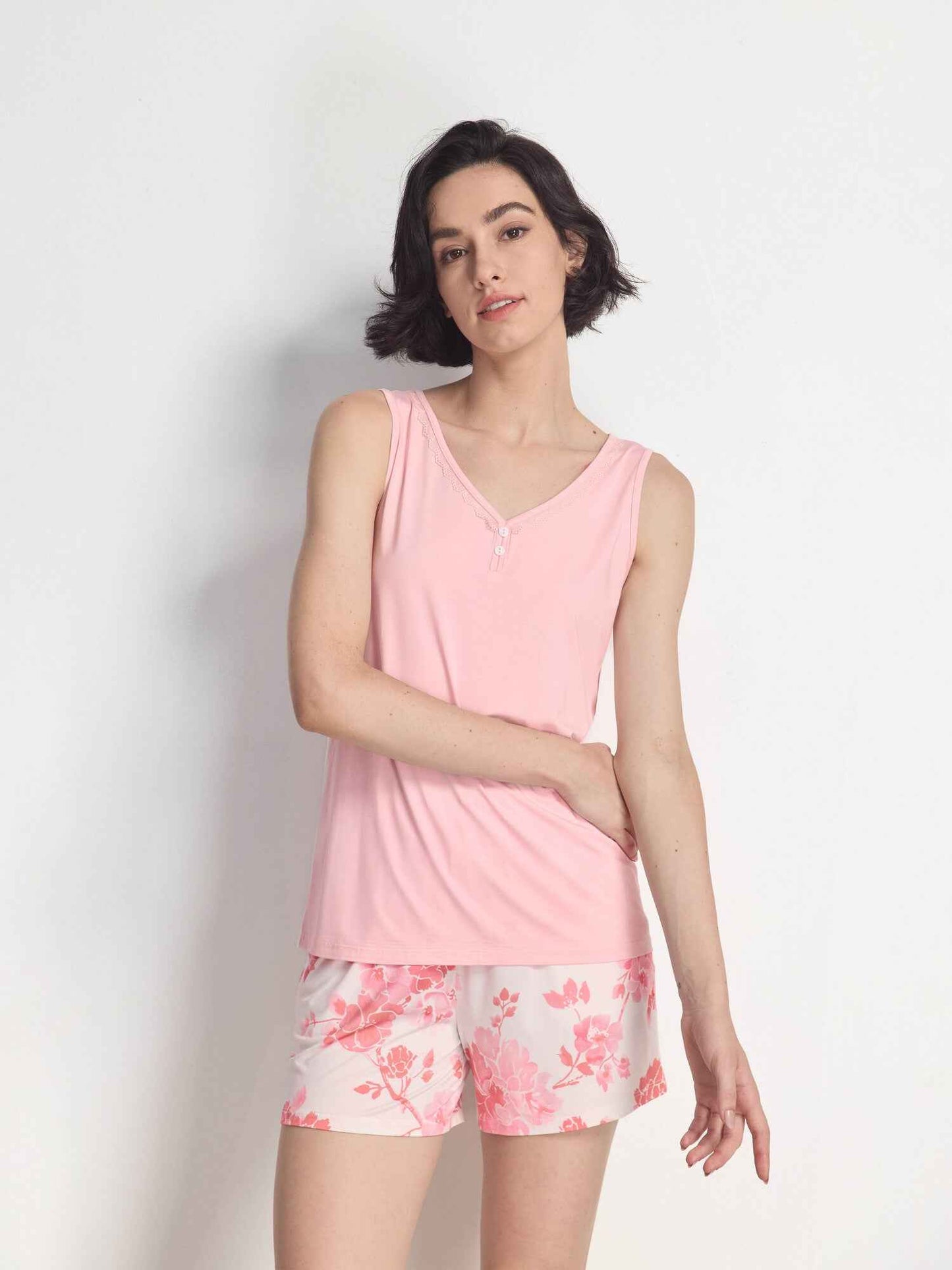 GYS Premium™ Bamboo Lace-Trim V-Neck Lounge Tank & Shorts Set - GYS