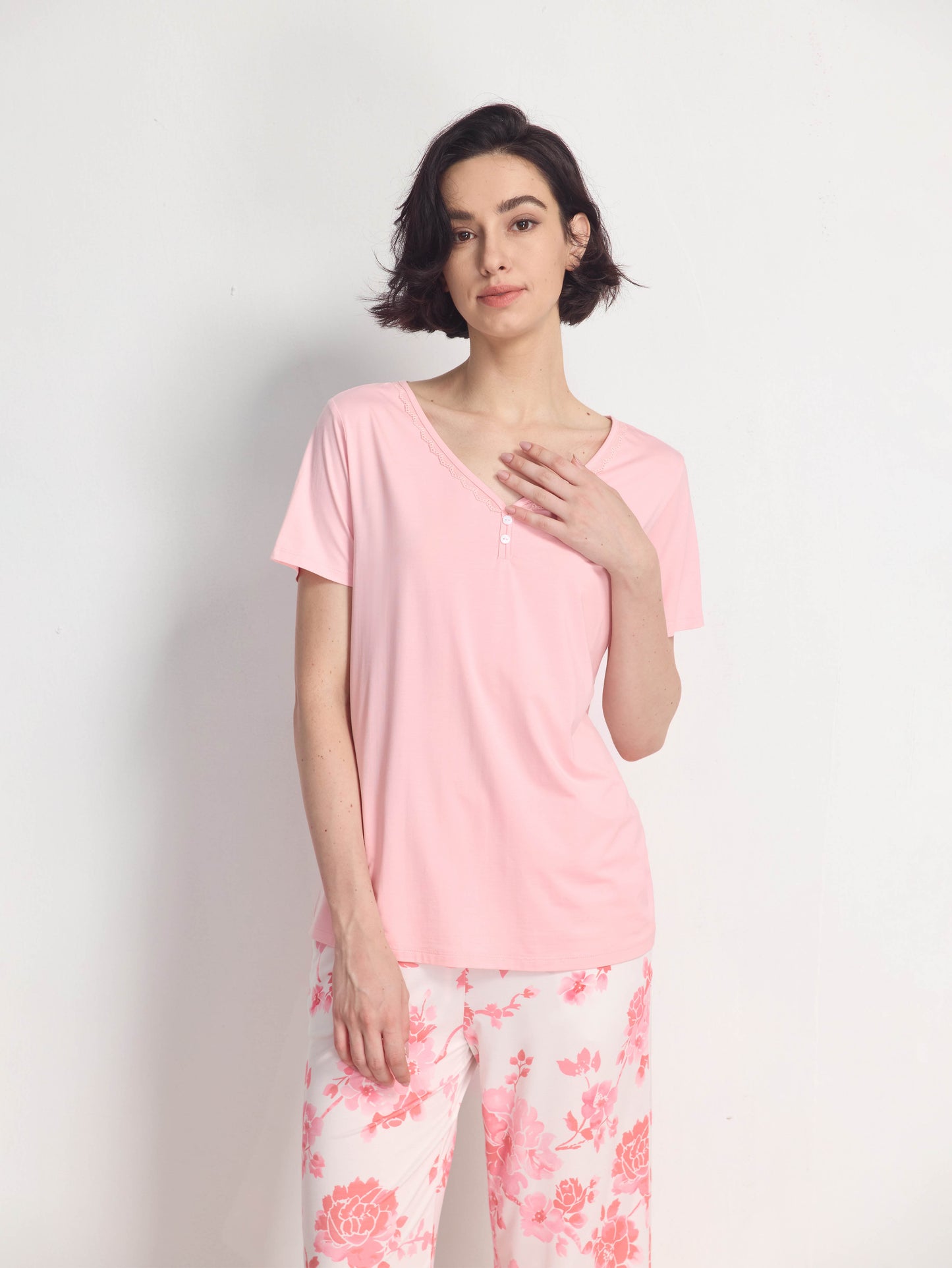 GYS Bamboo Viscose Pajama Set For Women – Short Sleeve Top & Wide Leg Pants Lounge Set