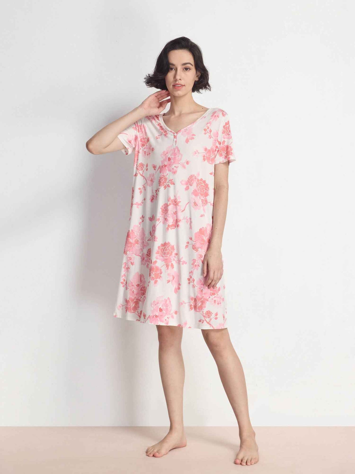 GYS Premium™ Bamboo Lace-Trimmed V-Neck Lounge Dress - GYS