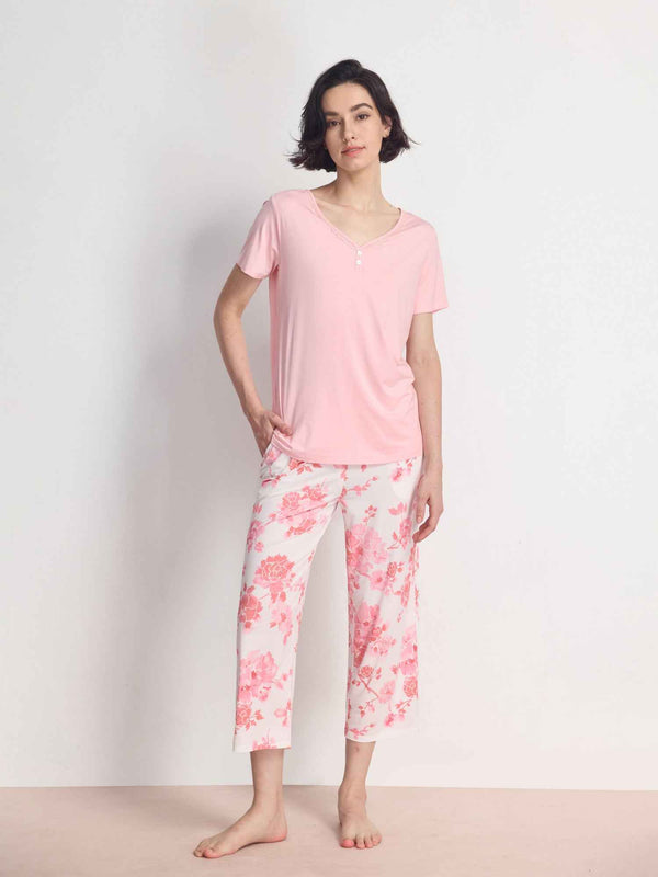 GYS Premium™ Bamboo Lace-Trimmed V-Neck Short-Sleeve Set pink