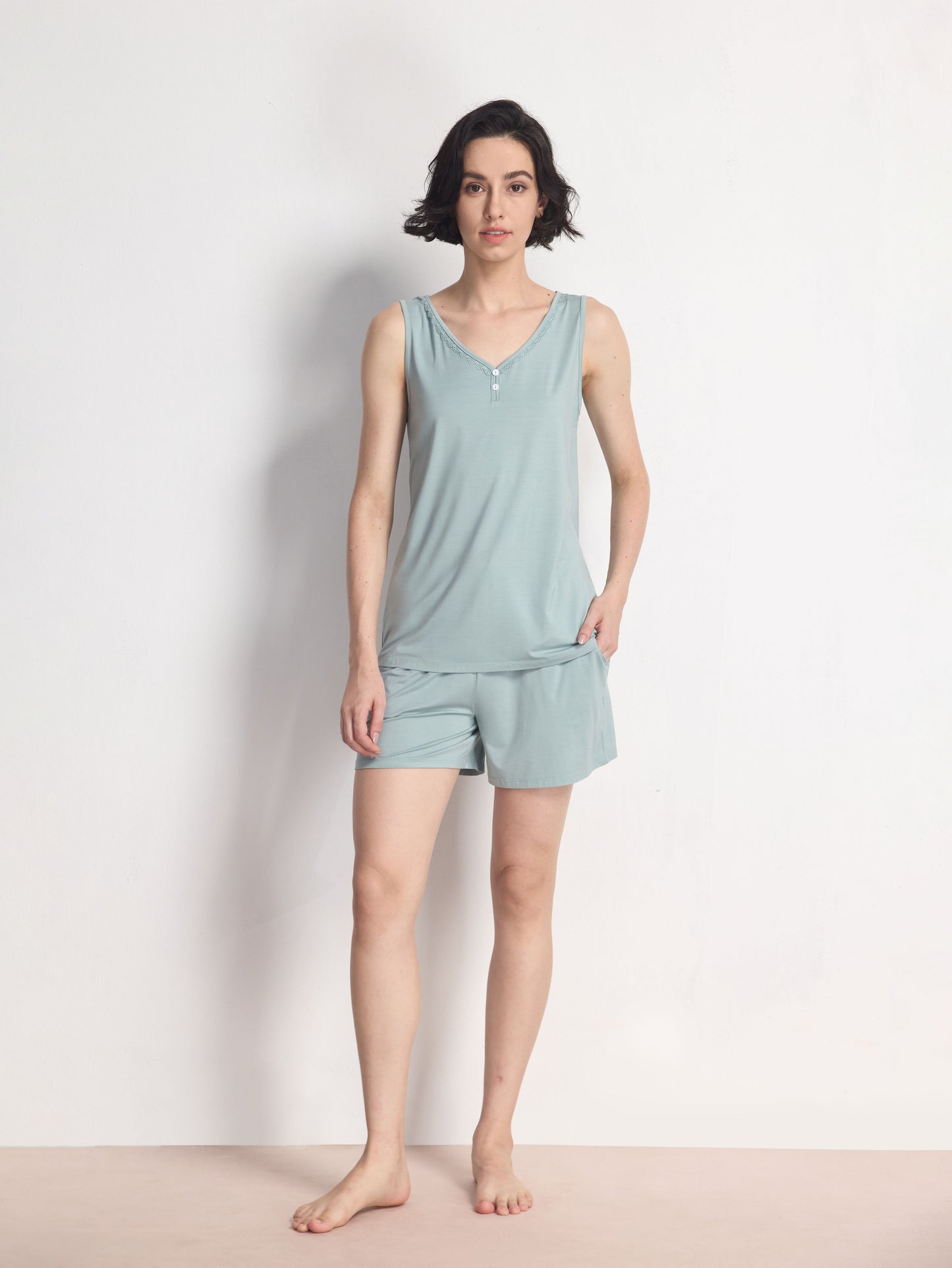 GYS Premium™ Bamboo Lace-Trim V-Neck Lounge Tank & Shorts Set - GYS