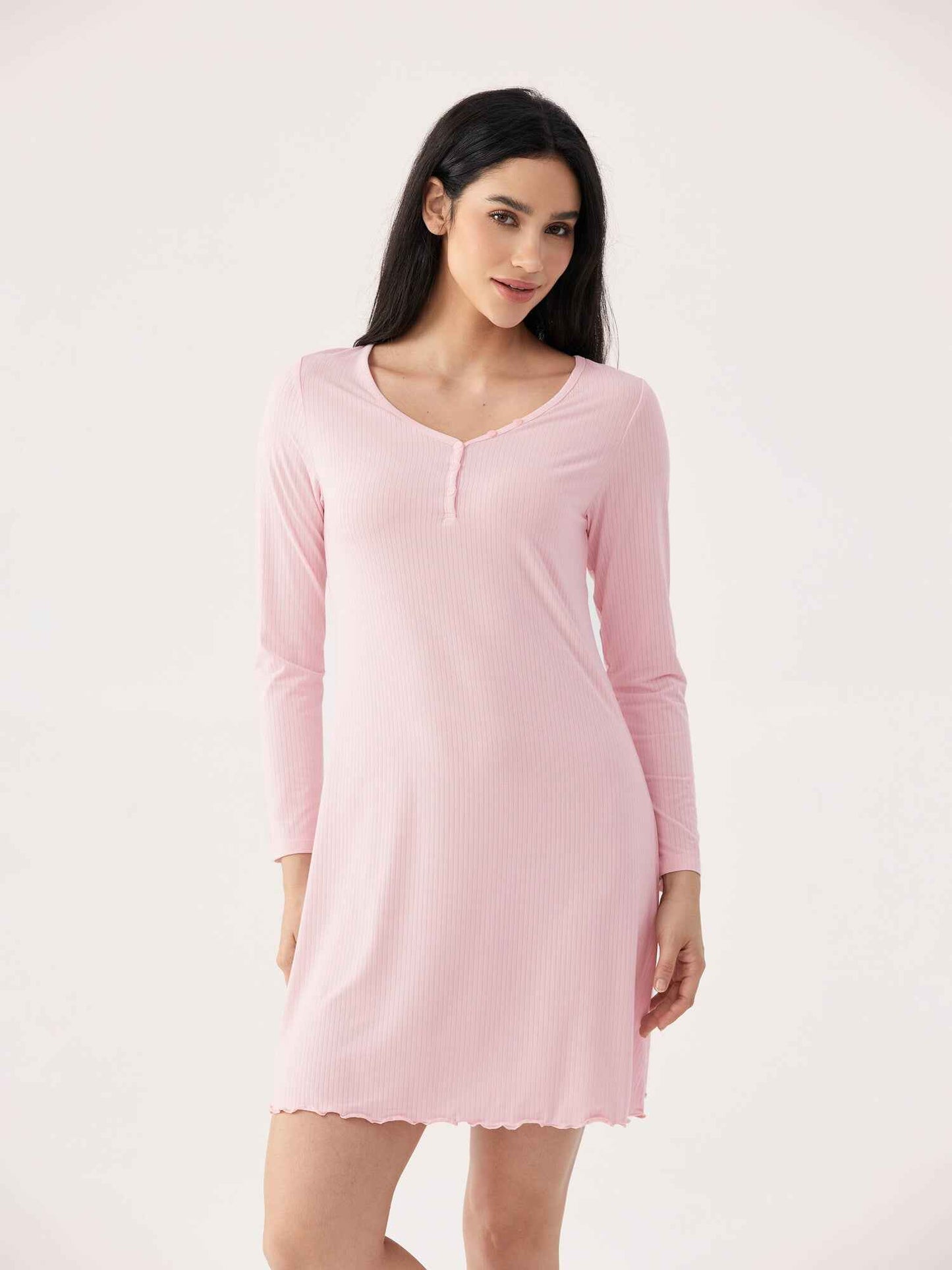GYS Premium™ Bamboo Ribbed V-neck Long Sleeve Sleepwear Nightgown - GYS