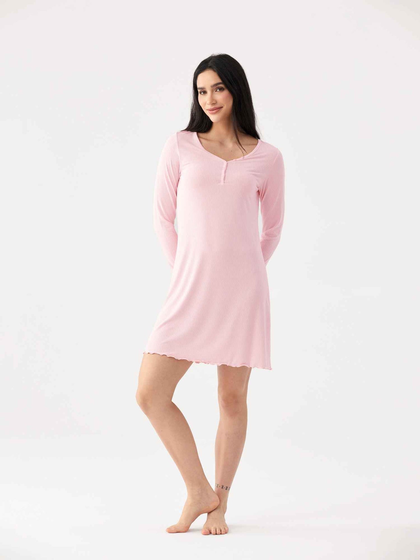 GYS Premium™ Bamboo Ribbed V-neck Long Sleeve Sleepwear Nightgown - GYS